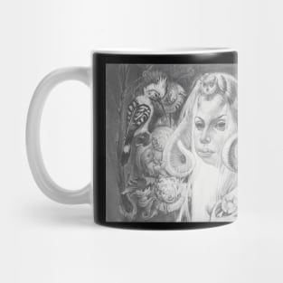 Enchanting Forest Goddess with Horns - Mystical Pencil Art Mug